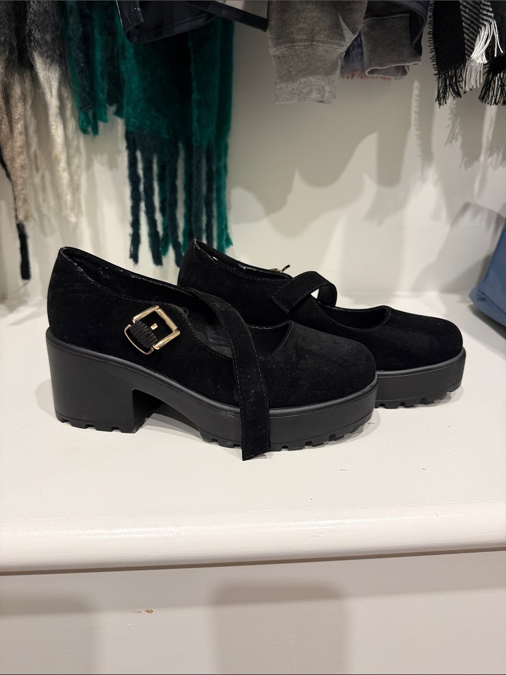 Women's Black Suede Mary Jane Platform Heels